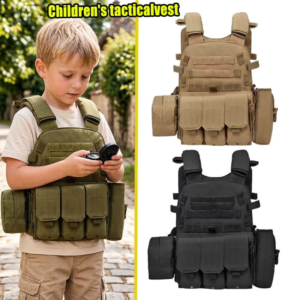 Kids Outdoor Vest - เสื้อกั๊กเด็กสำหรับเล่นแอร์ซอฟท์ เพ้นท์บอล ปรับขนาดได้ เสื้อกั๊กยุทธวิธีสำหรับเกม CS กลางแจ้ง