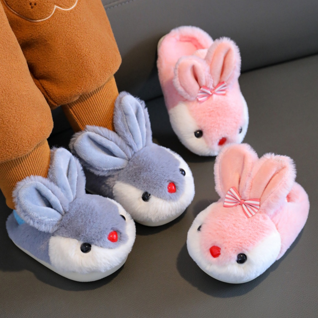 Kids Indoor Outdoor Slippers - รองเท้าแตะเด็กสำหรับฤดูหนาว ลายการ์ตูนกระต่าย บุขนหนา กันลื่น รองเท้าเด็กน่ารัก สไตล์น่ารัก