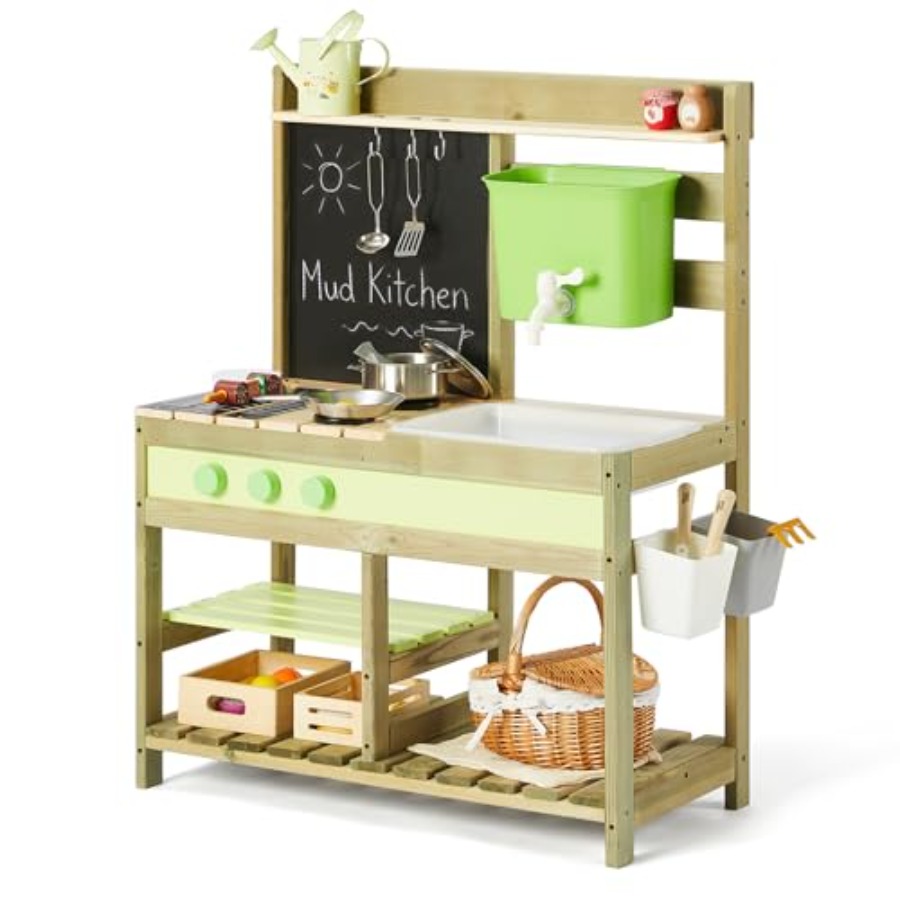 Kids Outdoor Mud Table - ชุดครัวโคลนกลางแจ้งสำหรับเด็ก: ชุดของเล่นไม้พร้อมอ่างน้ำขนาด 4.8 ลิตร ของเล่นโต๊ะทรายและน้ำ สีไม้ธรรมชาติ