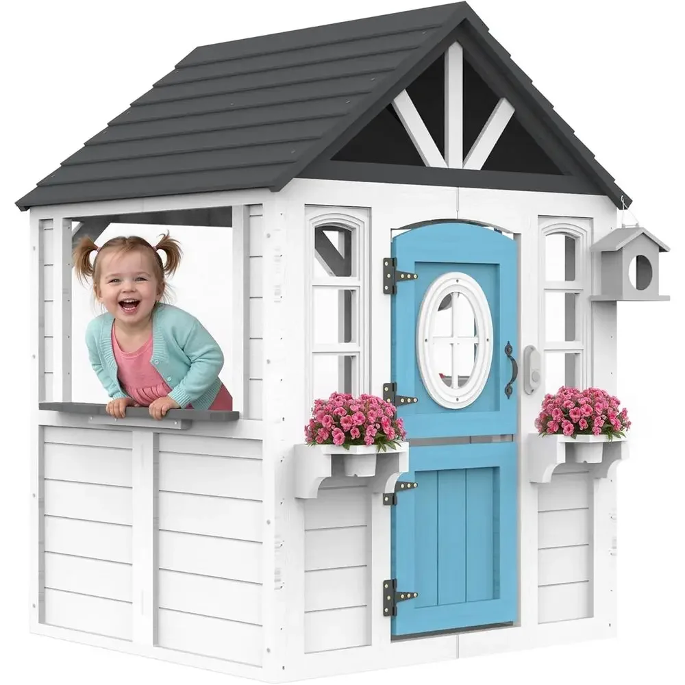 Kids Outdoor House With Kitchen - บ้านไม้เด็กเล่น YOE พร้อมอ่างล้างจาน ตู้ไปรษณีย์ และประตูที่ใช้งานได้จริง บ้านเด็กเล่นกลางแจ้งพร้อมประตูแบบดัตช์