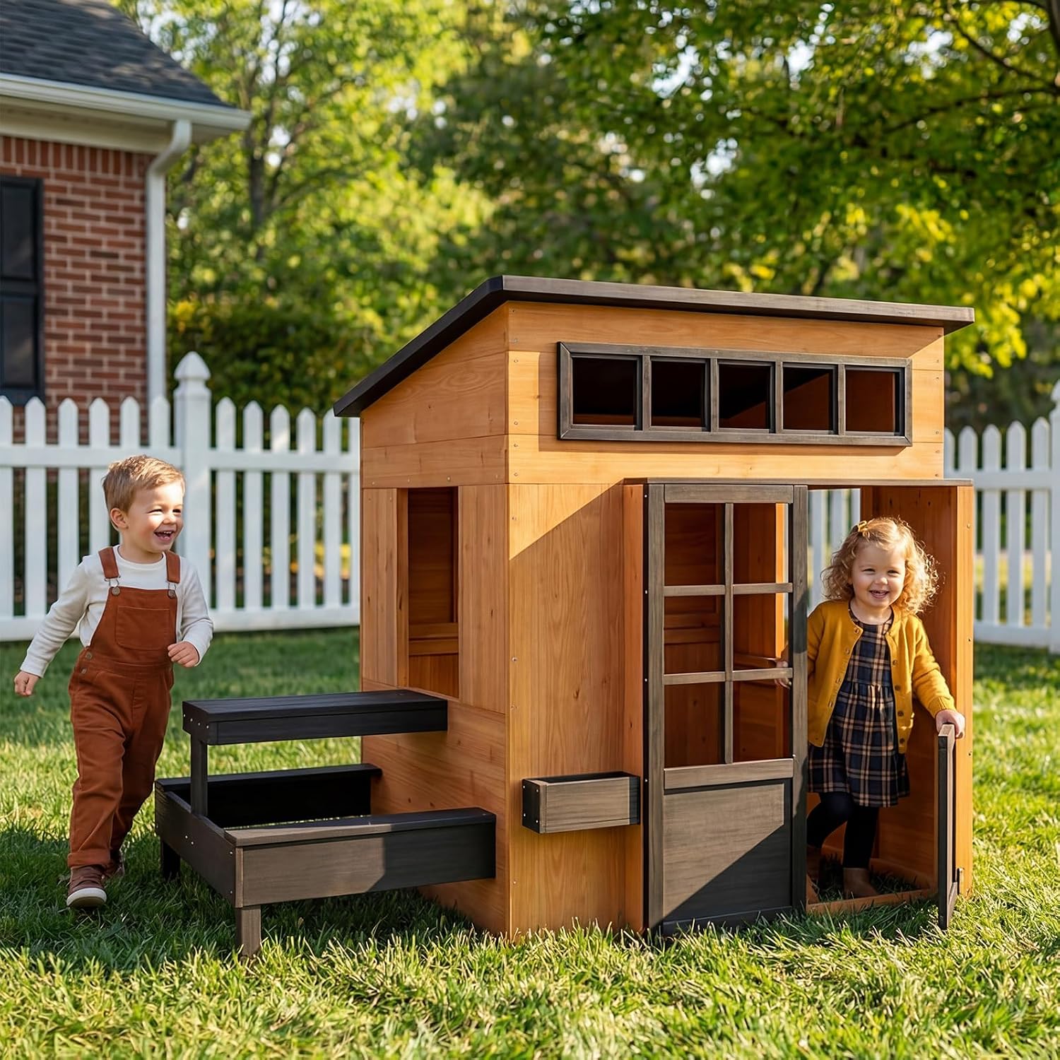 Kids Outdoor House With Kitchen - บ้านเด็กเล่นกลางแจ้งนอร์ดิวาเล ทำจากไม้เฟอร์ทันสมัย พร้อมโต๊ะครัว กระดานดำ ประตูครึ่งบาน หน้าต่าง