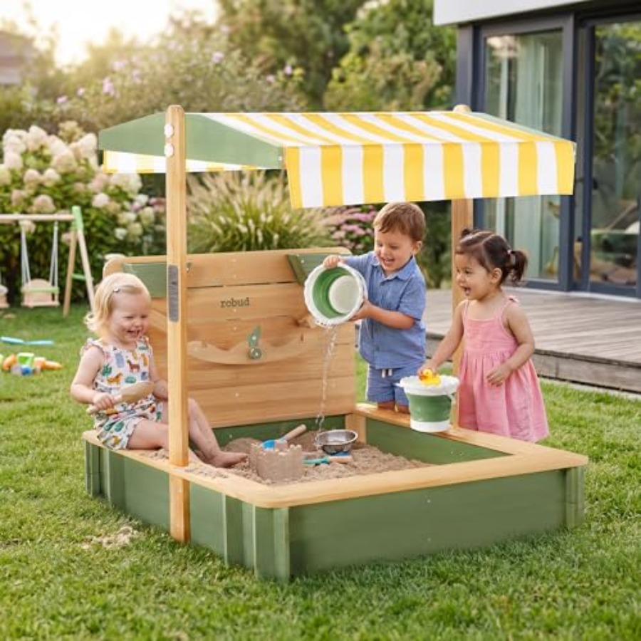 Kids Outdoor Seating - กระบะทรายกลางแจ้งสำหรับเด็ก: ทำจากไม้ สีเขียว พร้อมหลังคาปรับได้ 180 องศา