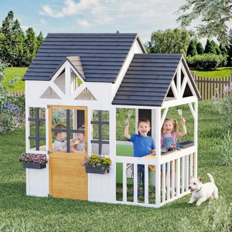 Kids Outdoor House With Kitchen - บ้านไม้สำหรับเด็กเล่นกลางแจ้ง อายุ 0.56 ปี: สีดำ-ขาว, หลังคาสูง,