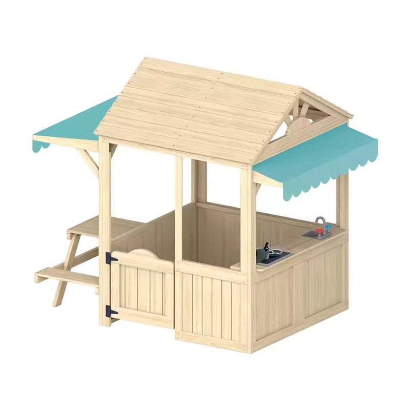 Kids Outdoor House With Kitchen - บ้านไม้เด็กเล่น บ้านเด็กเล่นกลางแจ้ง พร้อมครัวเด็กเล่น ตู้ขนม หน้าต่าง และม้านั่งปิกนิก