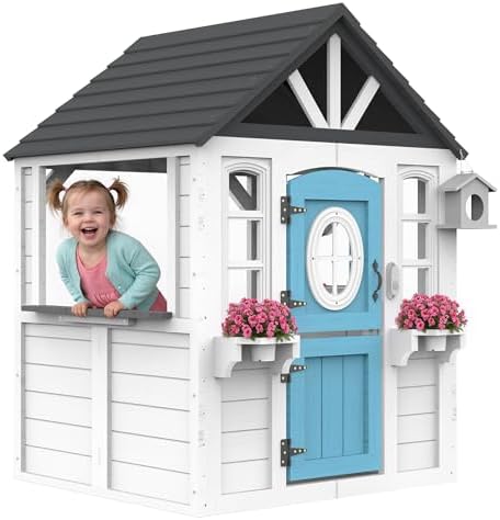 Kids Outdoor House With Kitchen - บ้านเด็กเล่นไม้พร้อมอ่างล้างจาน, ตู้จดหมาย และประตูที่ใช้งานได้, บ้านเด็กเล่นกลางแจ้งพร้อมประตูแบบดัตช์, ประตูสำหรับสุนัข